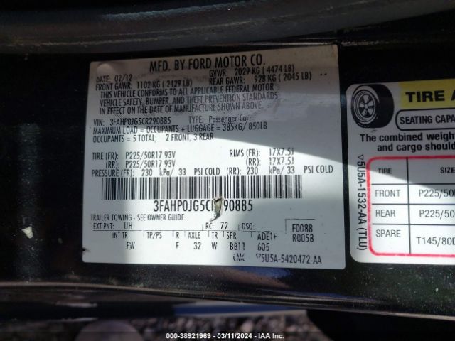 Photo 8 VIN: 3FAHP0JG5CR290885 - FORD FUSION 