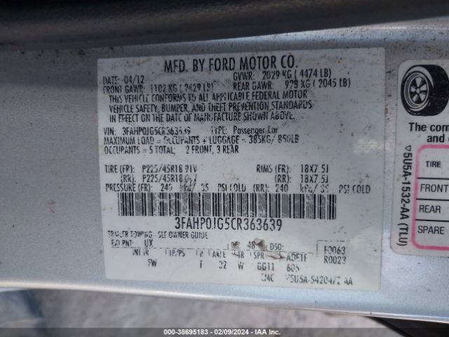 Photo 8 VIN: 3FAHP0JG5CR363639 - FORD FUSION 