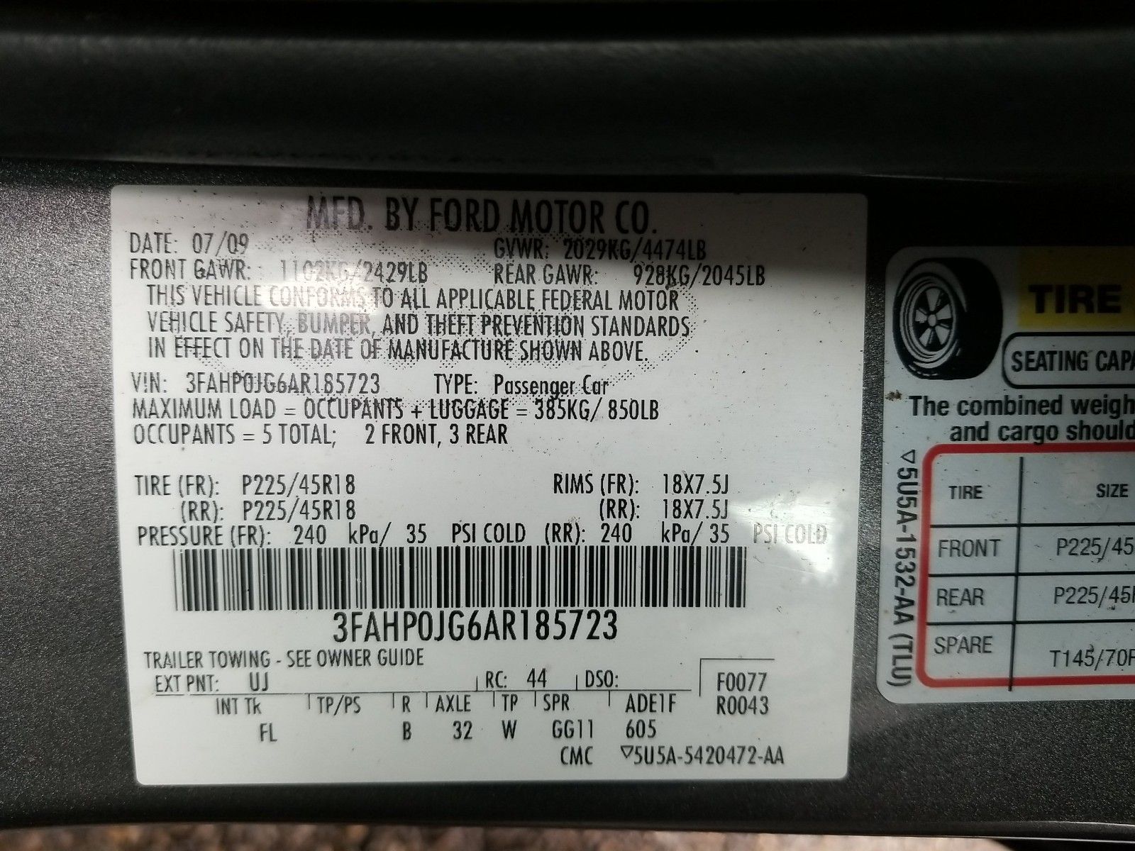 Photo 9 VIN: 3FAHP0JG6AR185723 - FORD FUSION FWD V6 