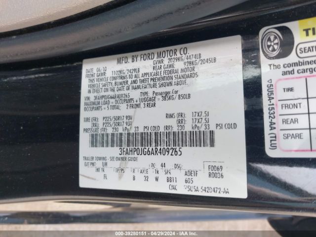 Photo 8 VIN: 3FAHP0JG6AR409265 - FORD FUSION 