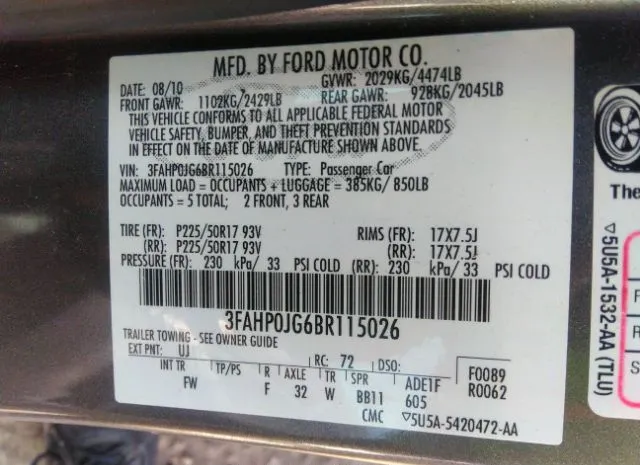 Photo 8 VIN: 3FAHP0JG6BR115026 - FORD FUSION 