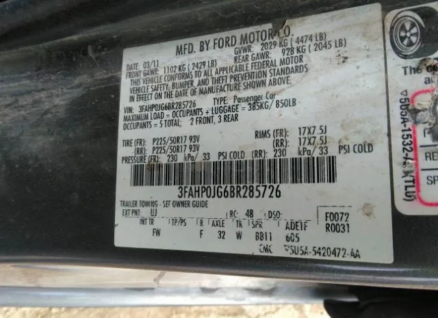 Photo 8 VIN: 3FAHP0JG6BR285726 - FORD FUSION 