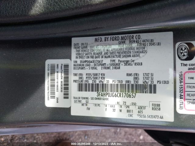 Photo 8 VIN: 3FAHP0JG6CR170657 - FORD FUSION 