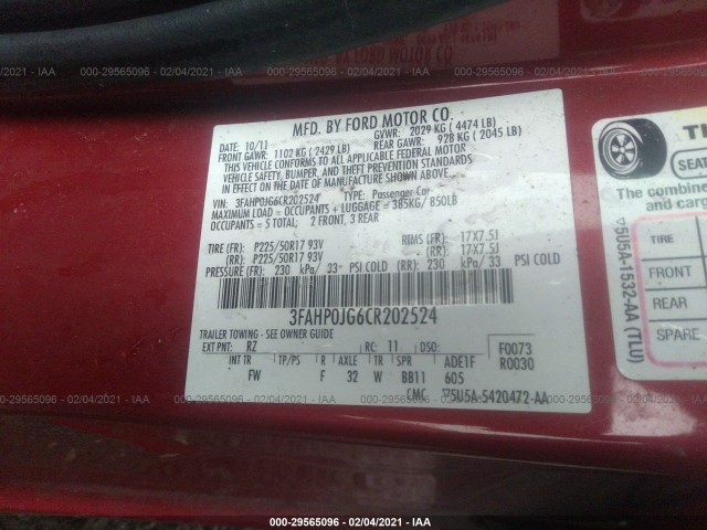 Photo 8 VIN: 3FAHP0JG6CR202524 - FORD FUSION 