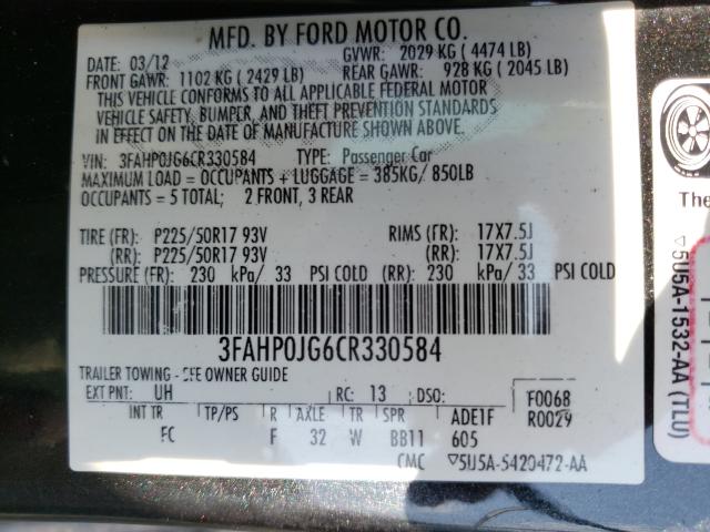 Photo 9 VIN: 3FAHP0JG6CR330584 - FORD FUSION SEL 