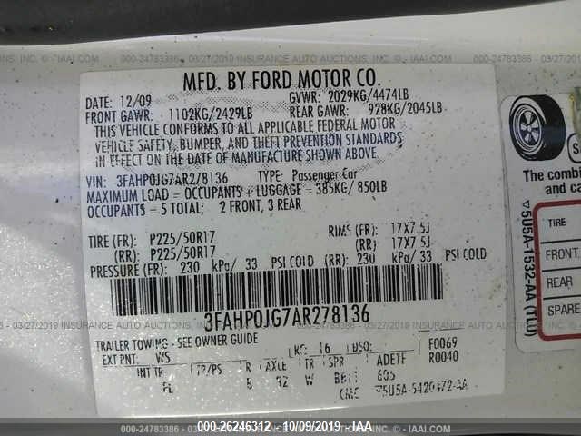 Photo 8 VIN: 3FAHP0JG7AR278136 - FORD FUSION 