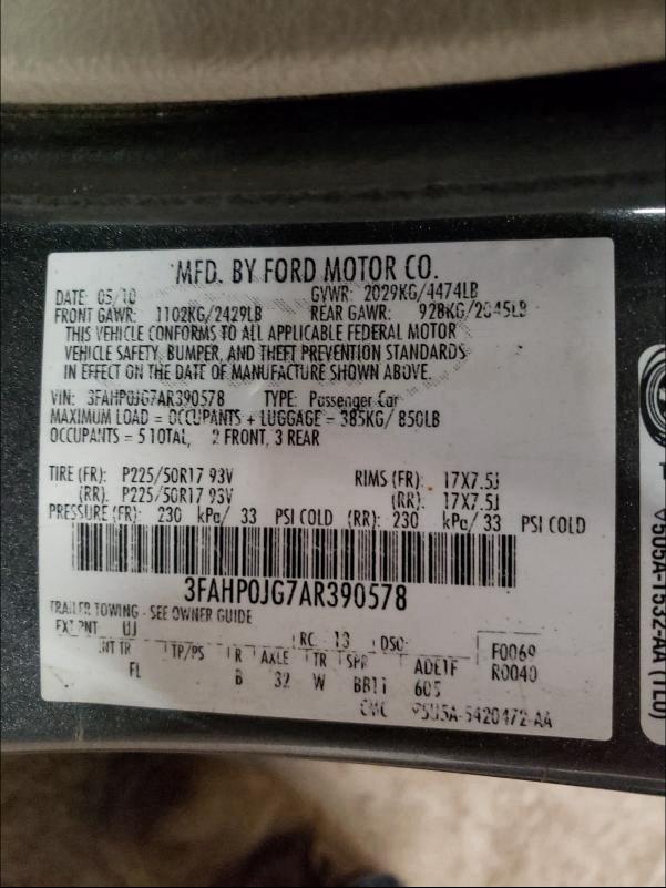 Photo 9 VIN: 3FAHP0JG7AR390578 - FORD FUSION SEL 