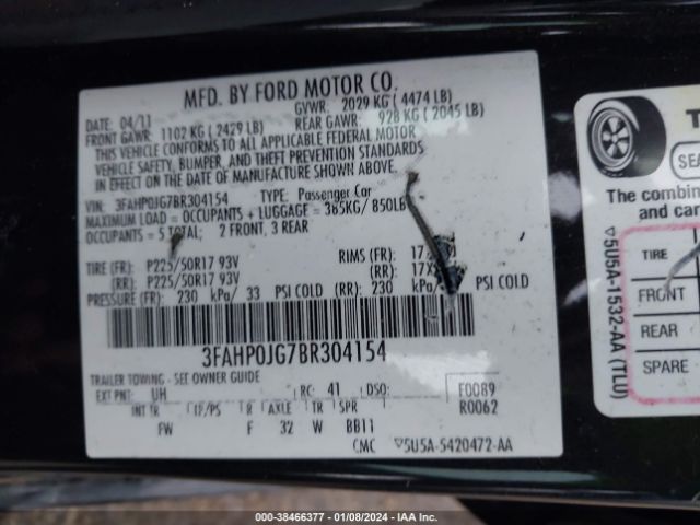 Photo 8 VIN: 3FAHP0JG7BR304154 - FORD FUSION 