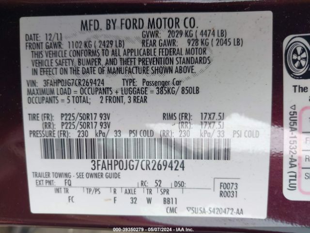 Photo 8 VIN: 3FAHP0JG7CR269424 - FORD FUSION 