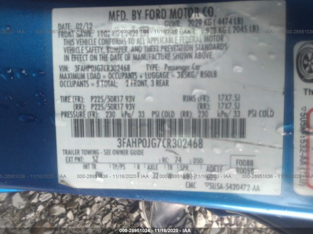 Photo 8 VIN: 3FAHP0JG7CR302468 - FORD FUSION 