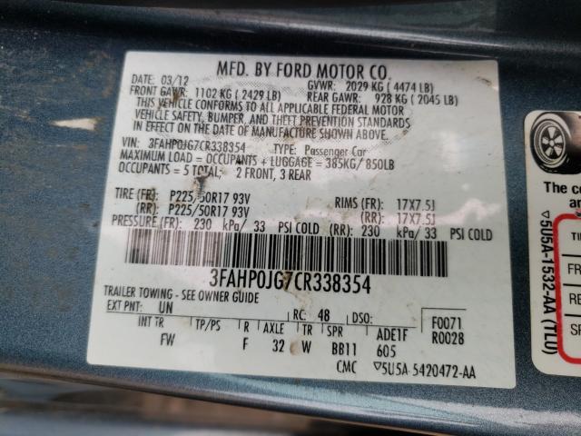 Photo 9 VIN: 3FAHP0JG7CR338354 - FORD FUSION SEL 