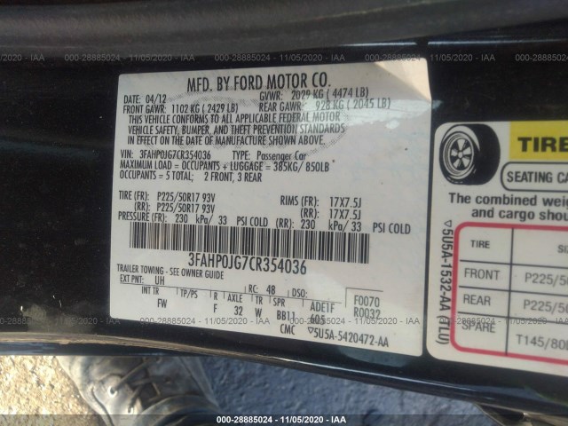 Photo 8 VIN: 3FAHP0JG7CR354036 - FORD FUSION 