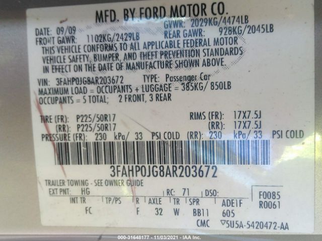 Photo 8 VIN: 3FAHP0JG8AR203672 - FORD FUSION 