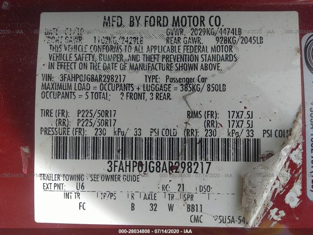 Photo 8 VIN: 3FAHP0JG8AR298217 - FORD FUSION 