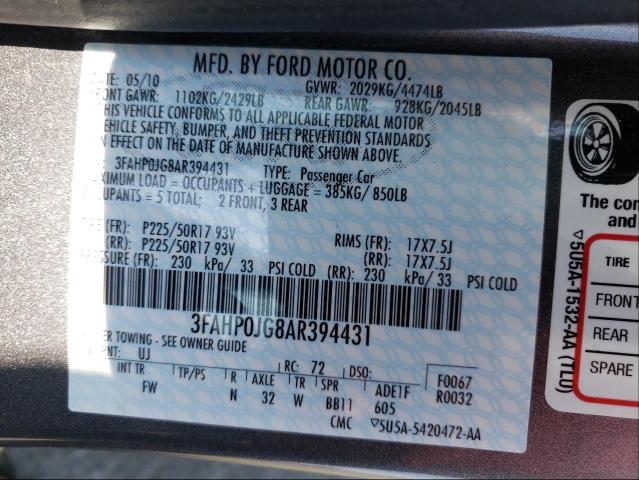 Photo 9 VIN: 3FAHP0JG8AR394431 - FORD FUSION SEL 