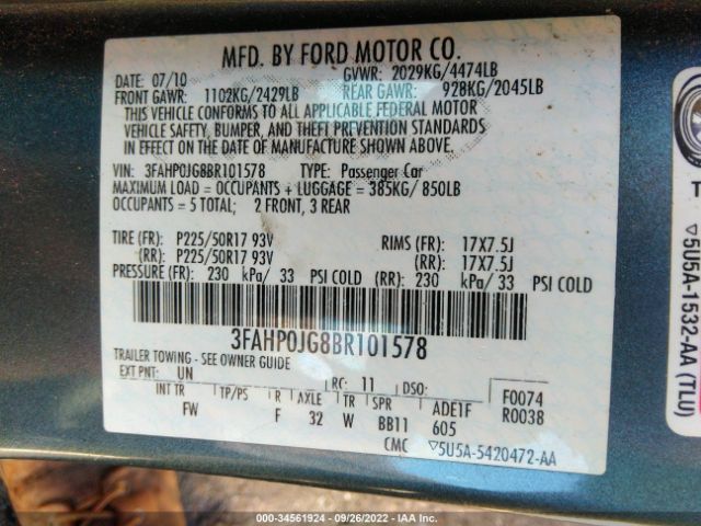 Photo 8 VIN: 3FAHP0JG8BR101578 - FORD FUSION 