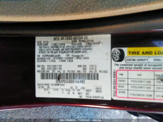 Photo 8 VIN: 3FAHP0JG8BR166480 - FORD FUSION 