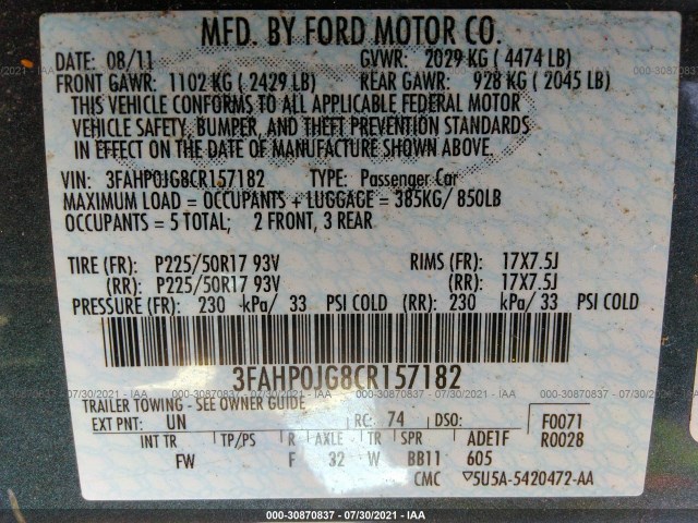 Photo 8 VIN: 3FAHP0JG8CR157182 - FORD FUSION 