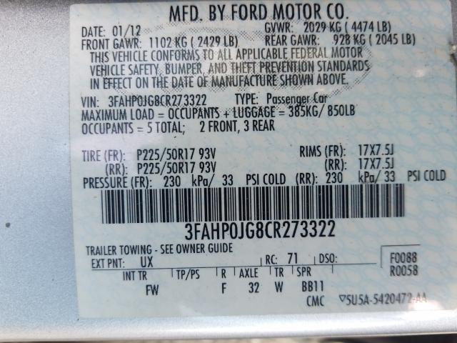 Photo 9 VIN: 3FAHP0JG8CR273322 - FORD FUSION SEL 