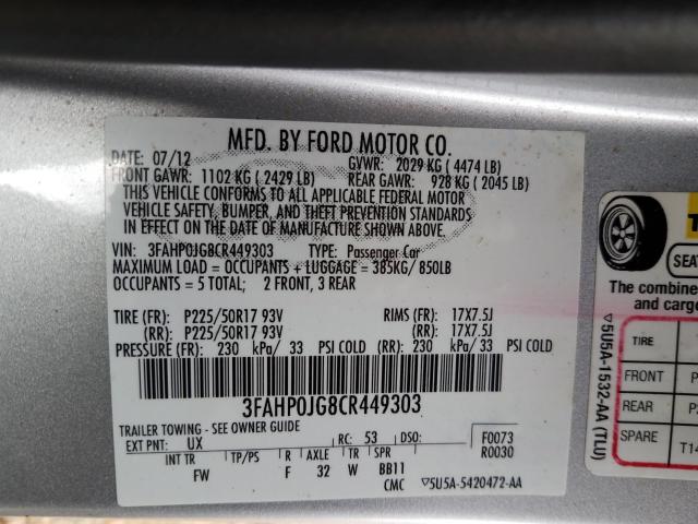 Photo 9 VIN: 3FAHP0JG8CR449303 - FORD FUSION SEL 