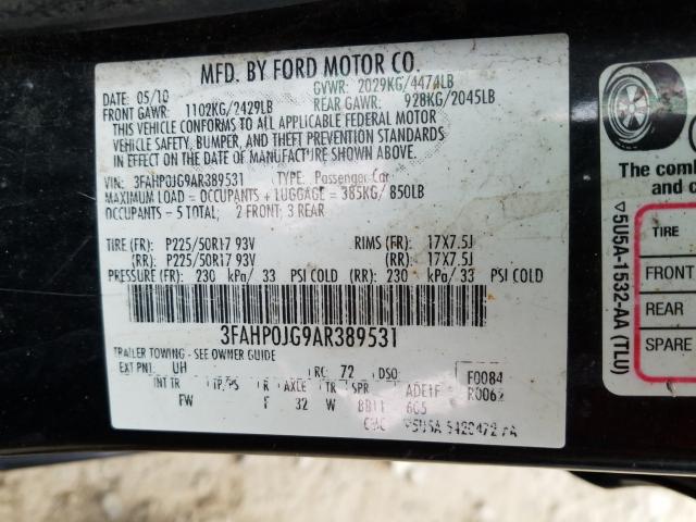 Photo 9 VIN: 3FAHP0JG9AR389531 - FORD FUSION SEL 