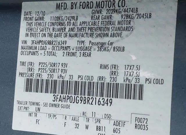 Photo 8 VIN: 3FAHP0JG9BR216349 - FORD FUSION 