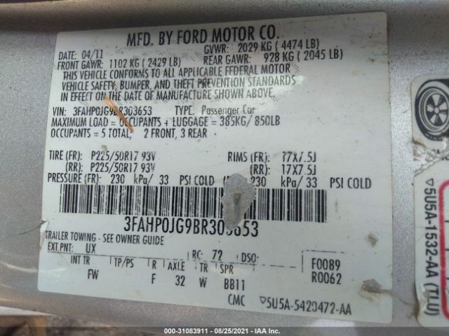 Photo 8 VIN: 3FAHP0JG9BR303653 - FORD FUSION 