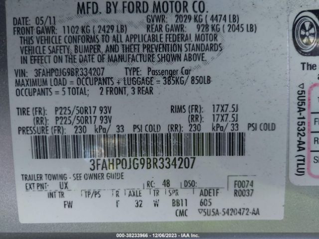 Photo 8 VIN: 3FAHP0JG9BR334207 - FORD FUSION 