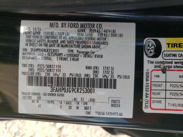 Photo 9 VIN: 3FAHP0JG9CR253001 - FORD FUSION SEL 