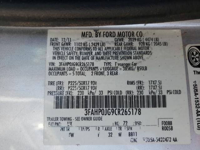 Photo 9 VIN: 3FAHP0JG9CR265178 - FORD FUSION SEL 