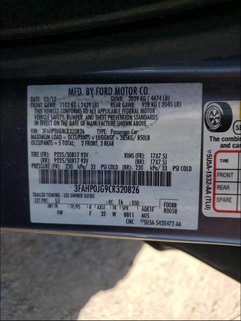 Photo 9 VIN: 3FAHP0JG9CR320826 - FORD FUSION SEL 