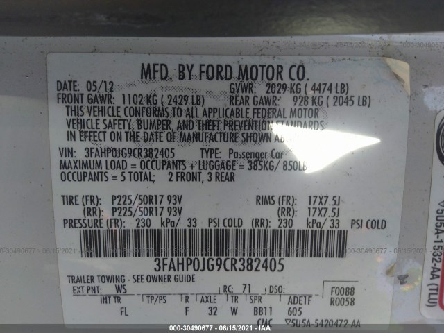 Photo 8 VIN: 3FAHP0JG9CR382405 - FORD FUSION 