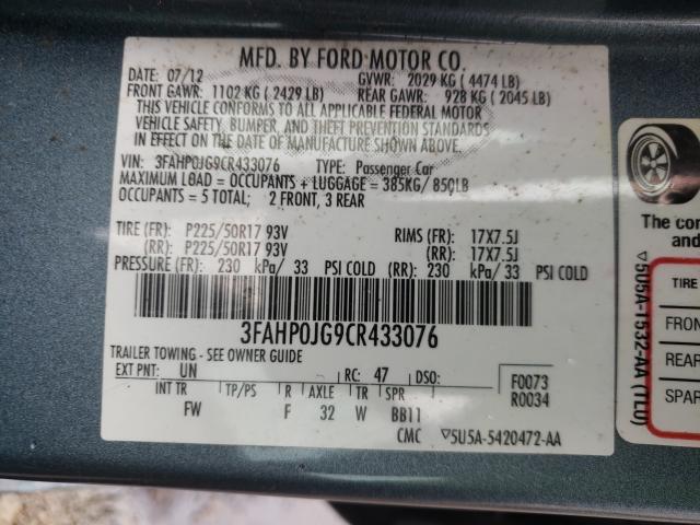 Photo 9 VIN: 3FAHP0JG9CR433076 - FORD FUSION SEL 