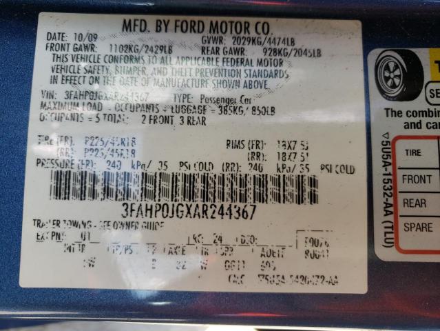 Photo 9 VIN: 3FAHP0JGXAR244367 - FORD FUSION SEL 