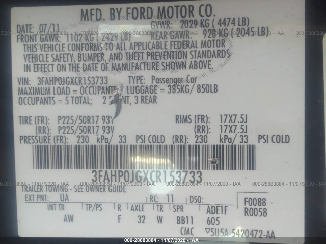 Photo 8 VIN: 3FAHP0JGXCR153733 - FORD FUSION 