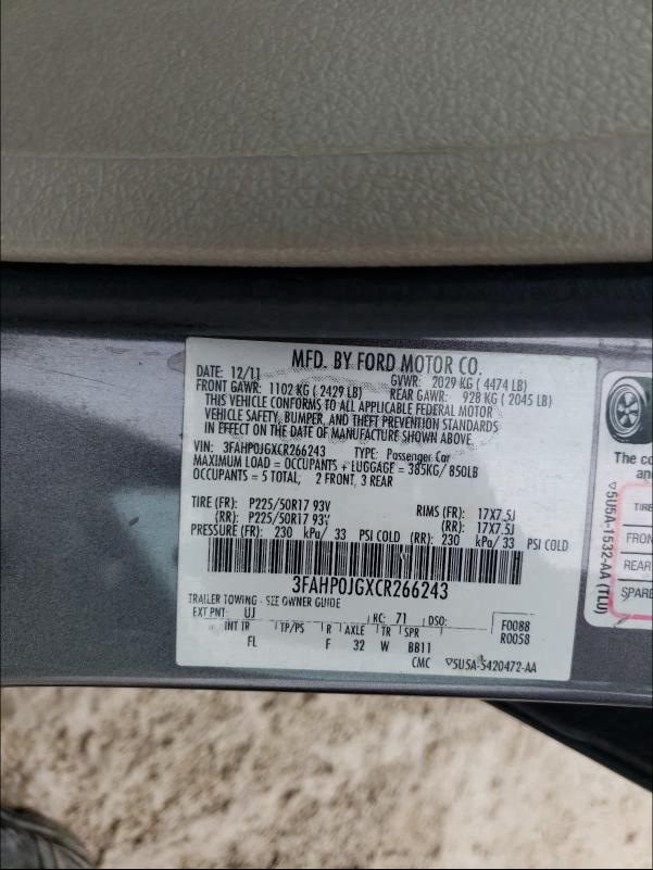 Photo 9 VIN: 3FAHP0JGXCR266243 - FORD FUSION SEL 