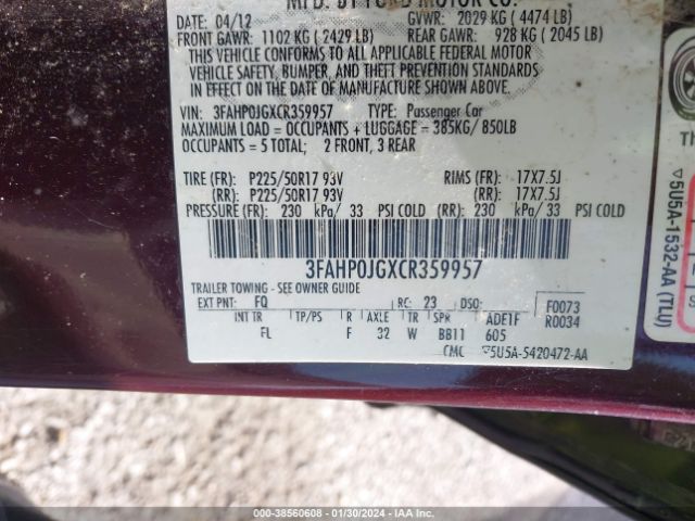 Photo 8 VIN: 3FAHP0JGXCR359957 - FORD FUSION 