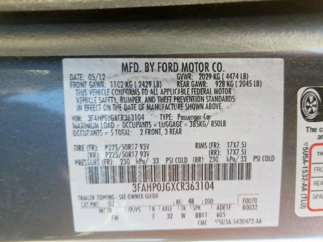 Photo 9 VIN: 3FAHP0JGXCR363104 - FORD FUSION SEL 