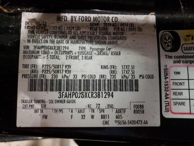 Photo 12 VIN: 3FAHP0JGXCR381294 - FORD FUSION SEL 