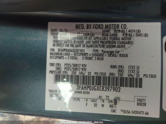 Photo 8 VIN: 3FAHP0JGXCR397902 - FORD FUSION 