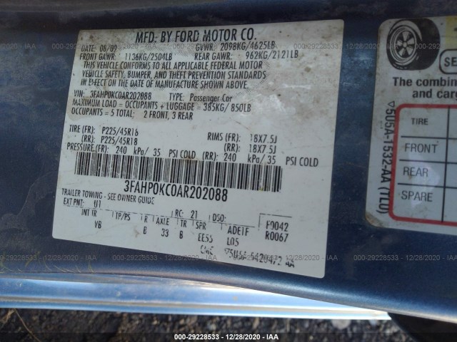 Photo 8 VIN: 3FAHP0KC0AR202088 - FORD FUSION 