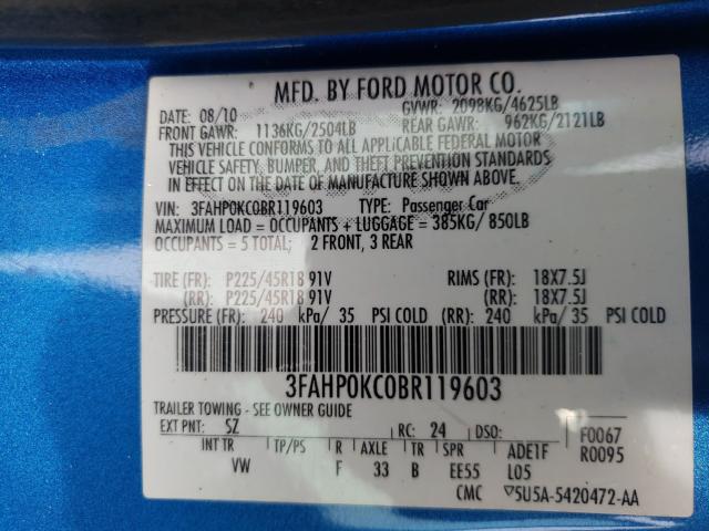 Photo 9 VIN: 3FAHP0KC0BR119603 - FORD FUSION SPO 