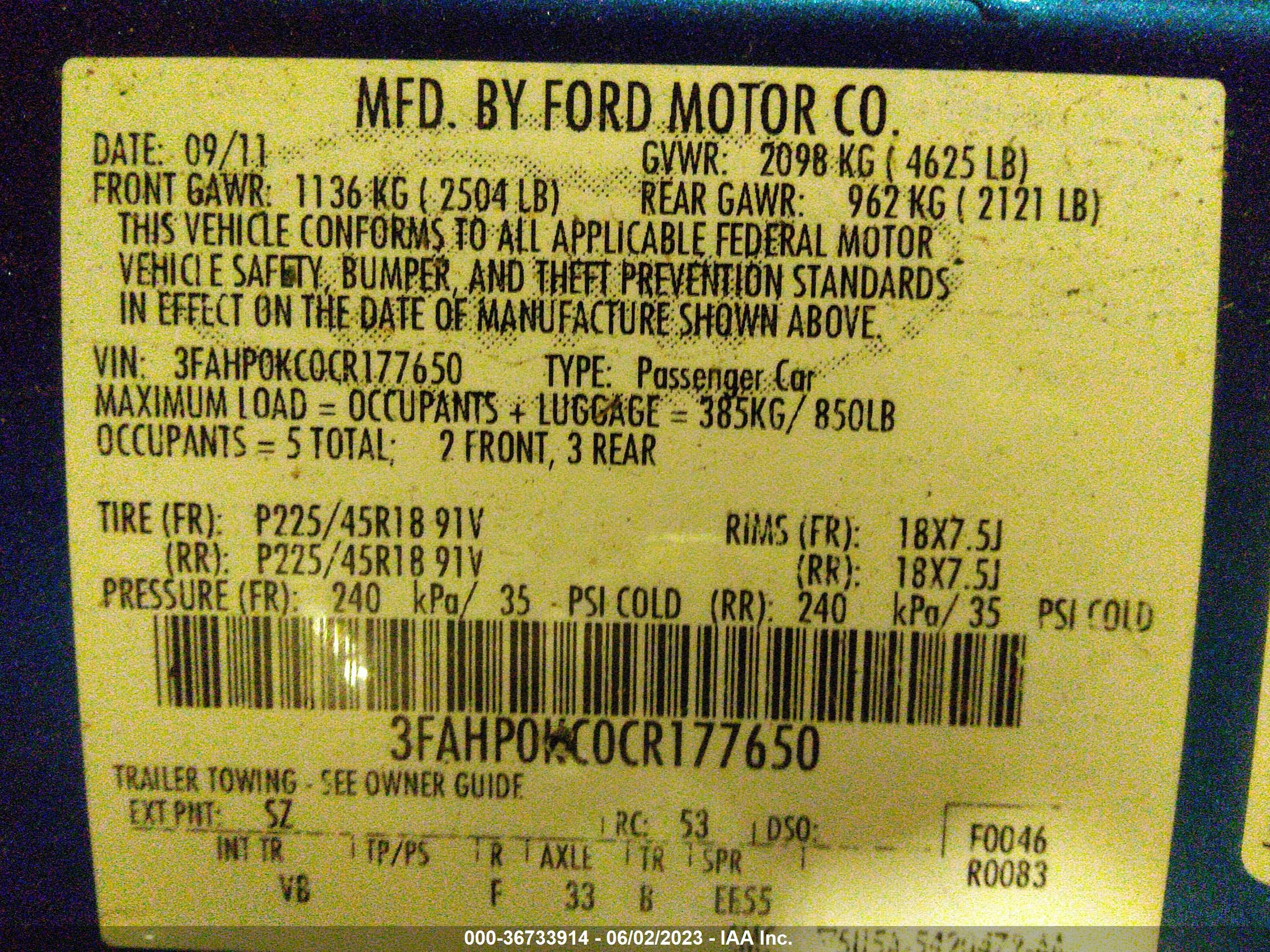 Photo 8 VIN: 3FAHP0KC0CR177650 - FORD FUSION 