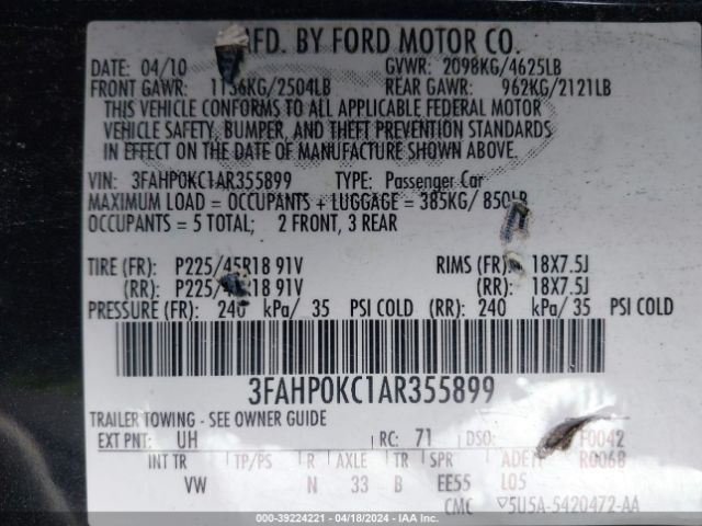 Photo 8 VIN: 3FAHP0KC1AR355899 - FORD FUSION 