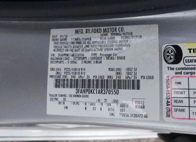 Photo 8 VIN: 3FAHP0KC1AR370550 - FORD FUSION 