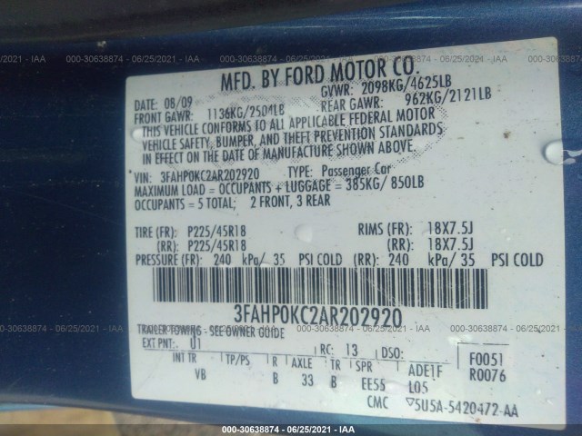 Photo 8 VIN: 3FAHP0KC2AR202920 - FORD FUSION 