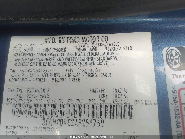 Photo 8 VIN: 3FAHP0KC2AR251759 - FORD FUSION 