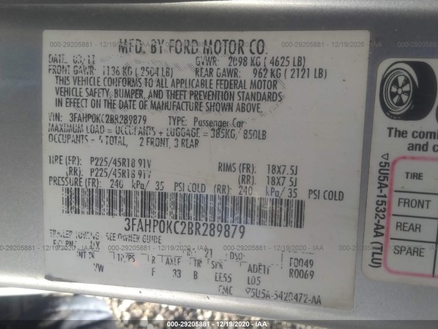 Photo 8 VIN: 3FAHP0KC2BR289879 - FORD FUSION 