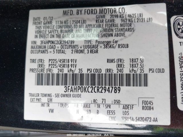 Photo 8 VIN: 3FAHP0KC2CR294789 - FORD FUSION 