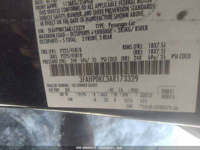 Photo 8 VIN: 3FAHP0KC3AR173329 - FORD FUSION 